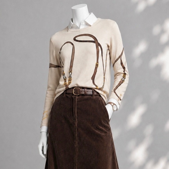 J.McLaughlin Sweaters - J.McLaughlin Lenny Sweater M Beige Equestrian Print Crew Neck Cotton Blend NWT